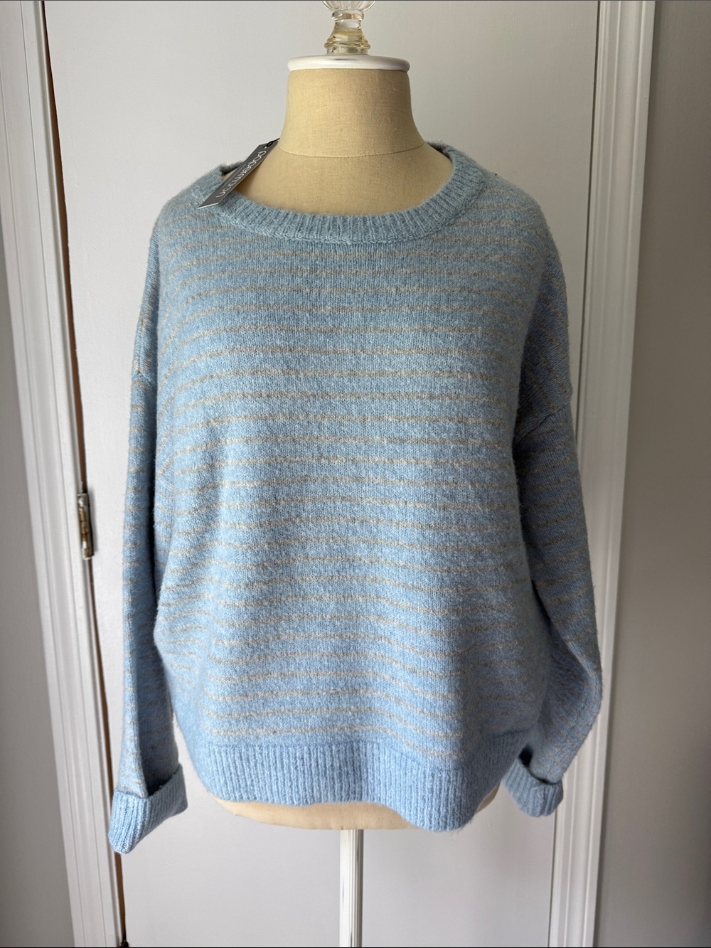 Papermoon Light Blue & gray Striped Crew Neck Sweater NWT